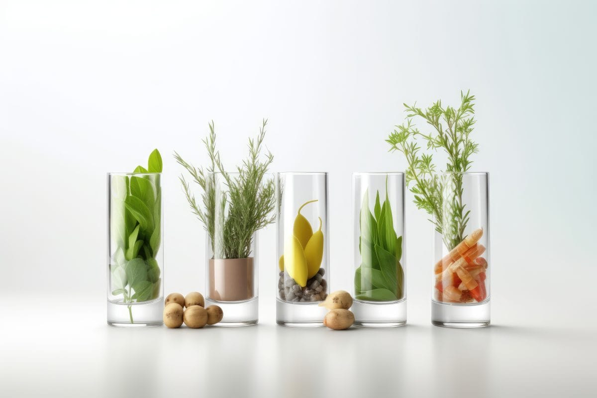 glassware with pills and plants, herbal medicine, ai generated.