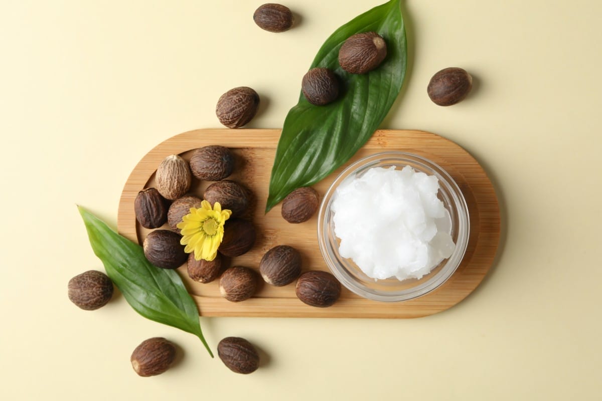 concept of skin care cosmetics, shea butter, top view