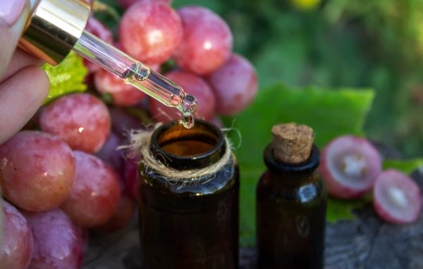 grape seed oil in a glass jar and fresh grapes for spa and body care.