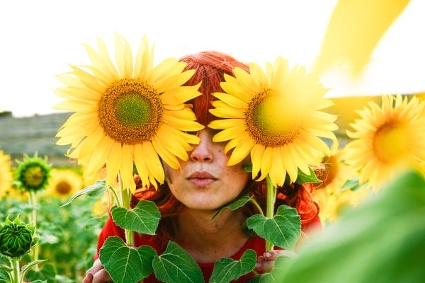 lovely redhead woman enjoying the day in a field o sunflowers