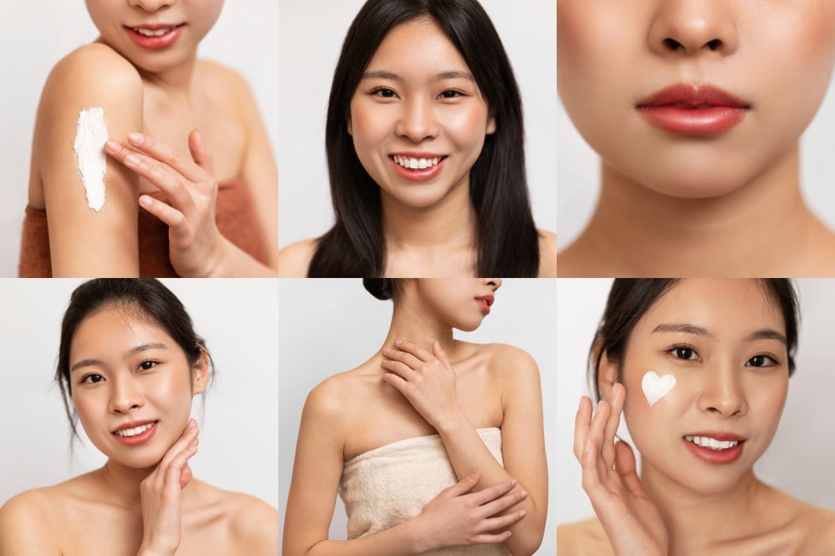 korean woman applying moisturizer and facial cream on her skin