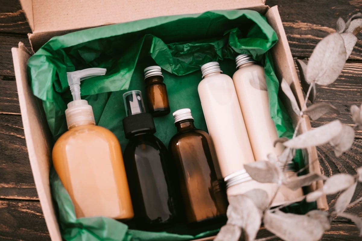 beauty box with bottles of natural cosmetics