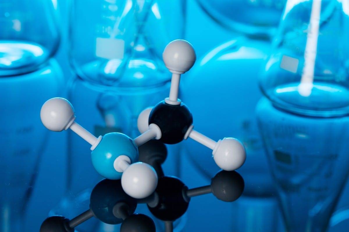 closeup shot of a molecule structure on a lab table