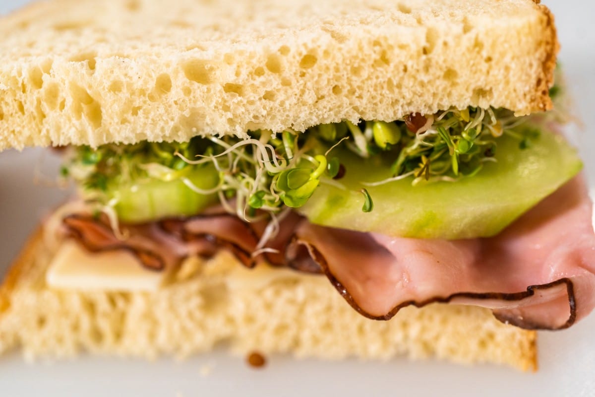 ham, cucumber, and sprout sandwich