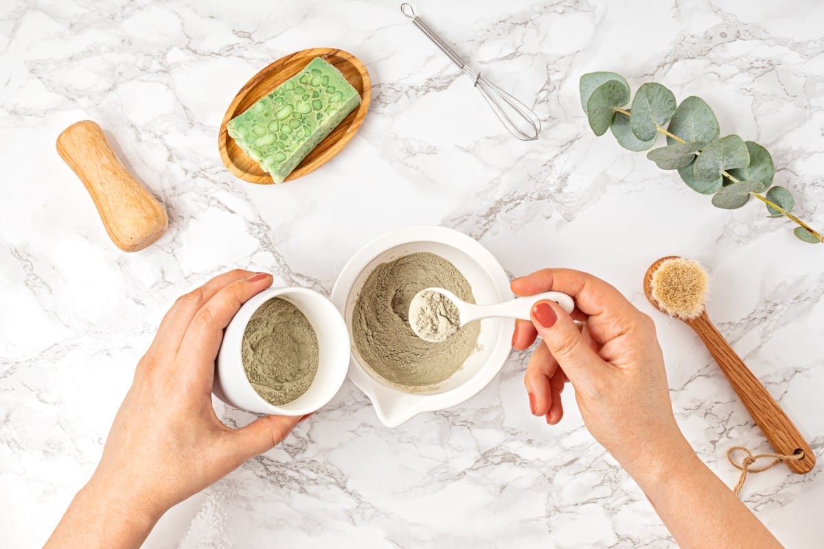 homemade clay facial mask. zero waste eco friendly diy beauty products ingredients on light background, flat lay