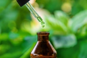 essential oil extract of medicinal herbs in a small bottle. selective focus.