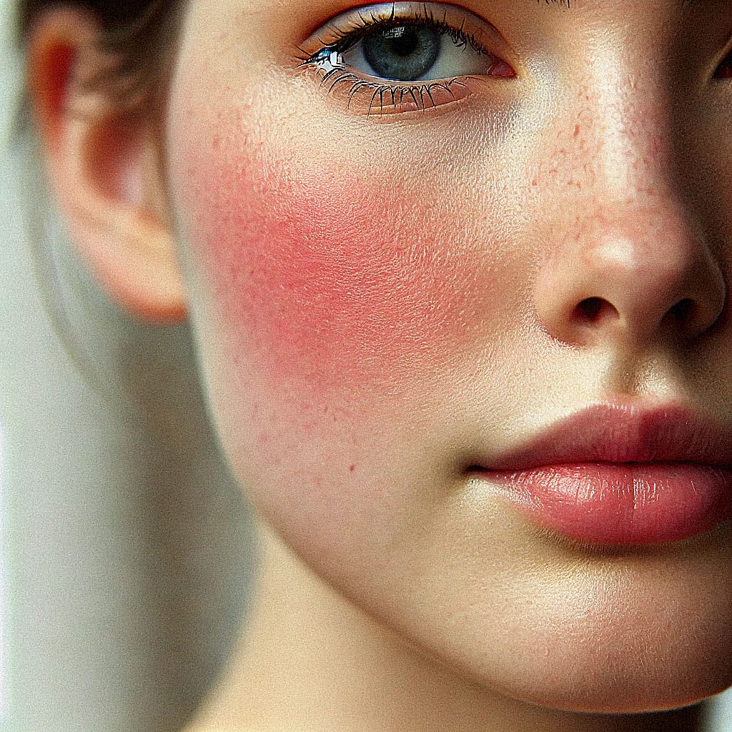 a close up image of a person's face with mild visible redness around the cheeks, demonstrating the effects of sensitive skin. the skin shows light irr