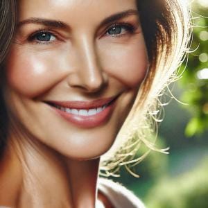 a close up of a 50 year old woman with glowing, radiant skin, smiling outdoors under natural sunlight. the woman has soft, smooth skin with subtle sig1