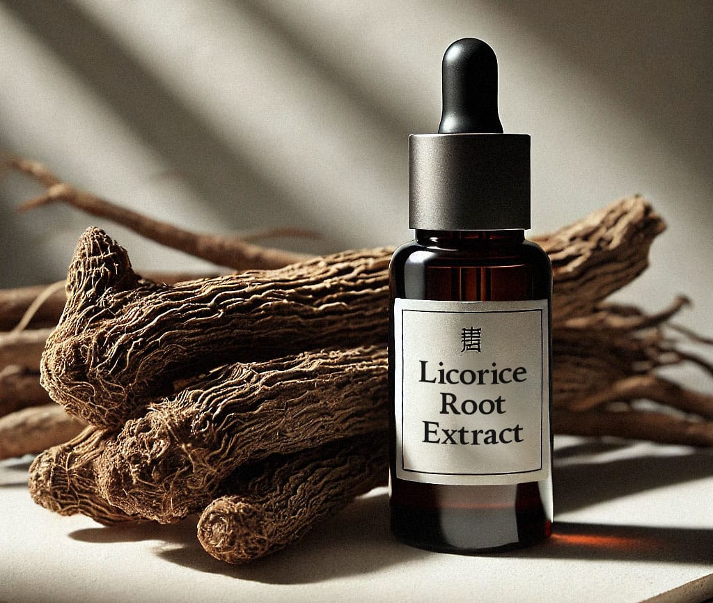 a detailed close up of licorice root with natural light highlighting its rough texture, placed beside a sleek, minimalist glass bottle of licorice roo