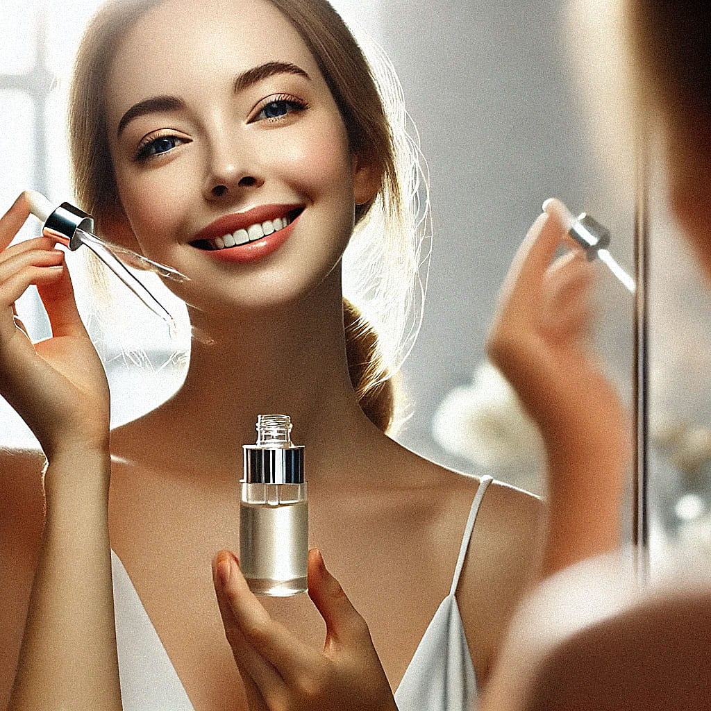 a woman applying a clear licorice root extract serum to her face, standing in front of a mirror. the background is softly lit and out of focus, creati