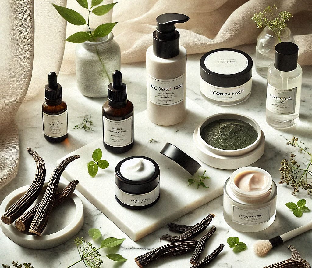 an aesthetic arrangement of various licorice root infused skincare products, including a serum, cream, and mask, placed on a marble countertop. the pr