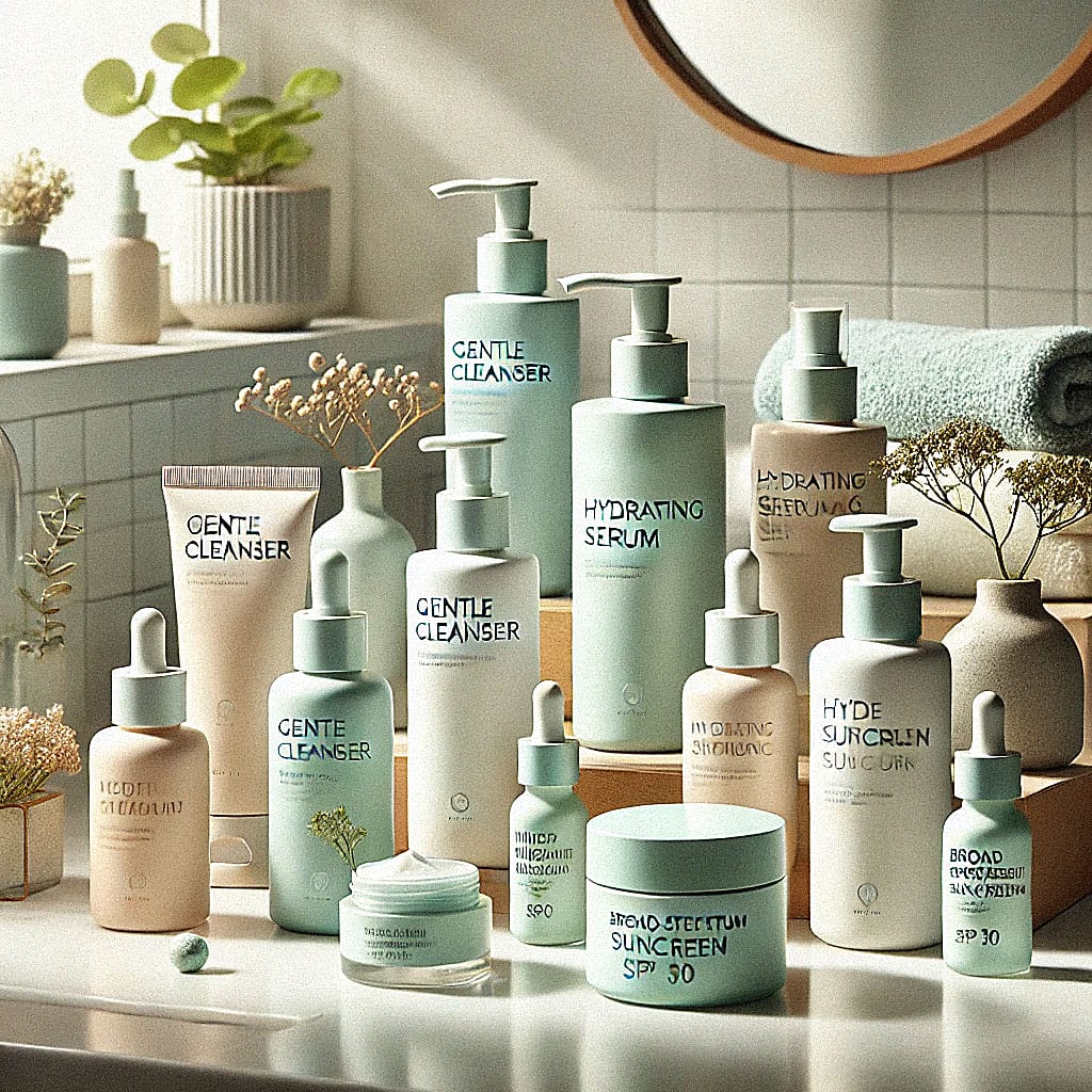 an arrangement of skincare products on a clean countertop. the display features gentle cleansers, hydrating serums, and sunscreens. the bottles and tu