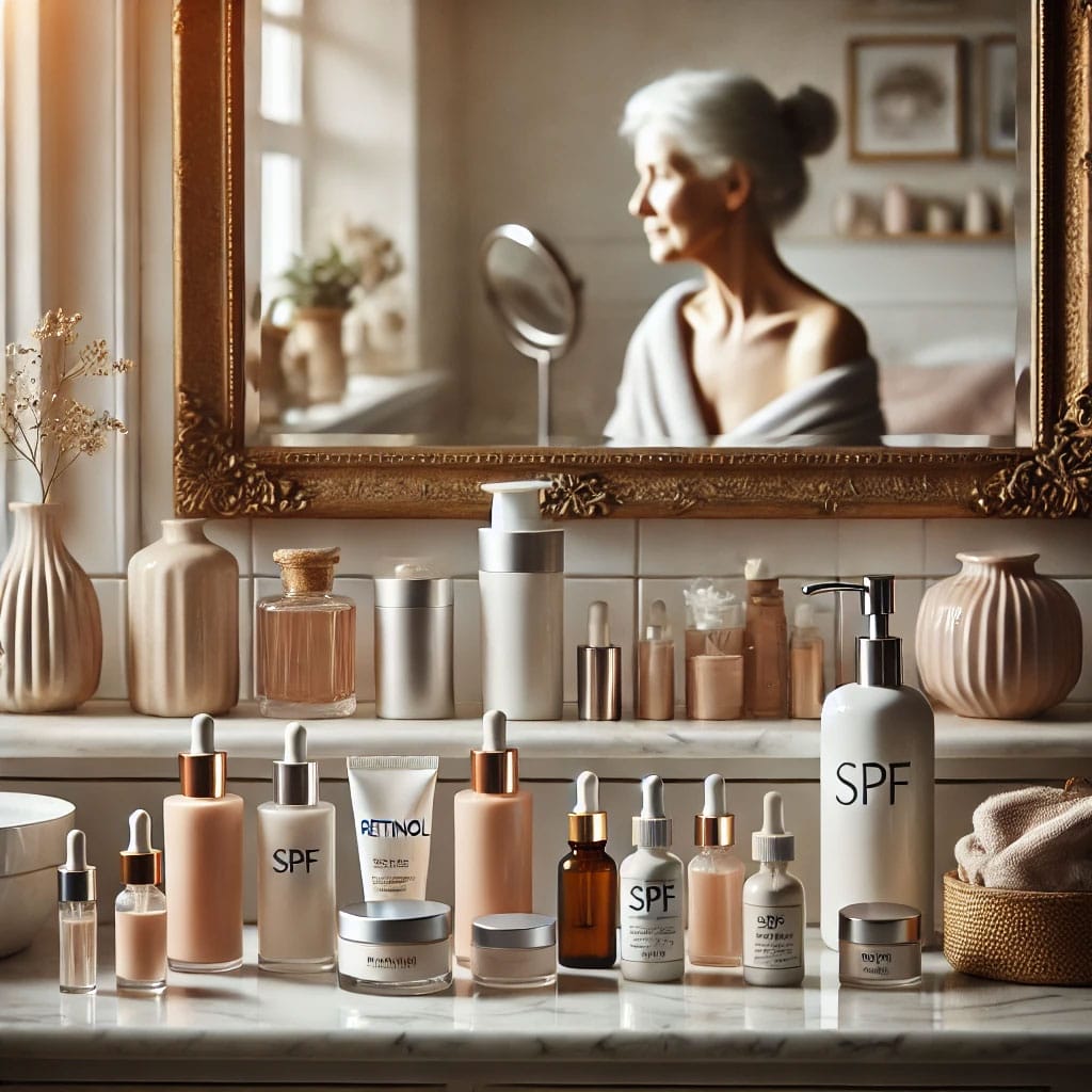 a bathroom vanity displaying a range of skincare products, including bottles and tubes of retinol and spf. the setup reflects a mature woman's daily s