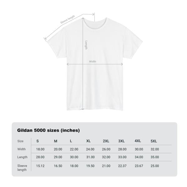 White t-shirt with size chart and dimensions