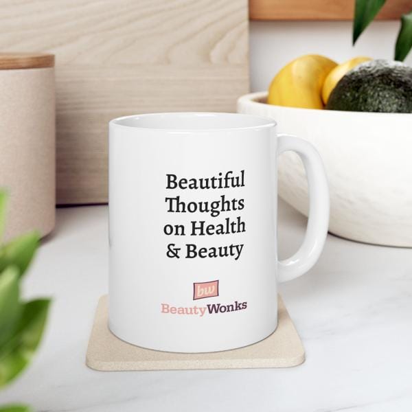 Mug with 'Beautiful Thoughts on Health & Beauty' text