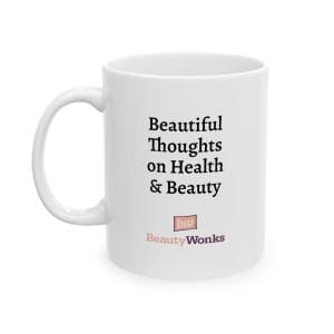 White mug with health and beauty slogan