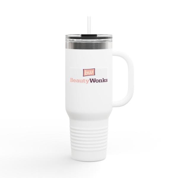 White BeautyWonks branded insulated mug with lid