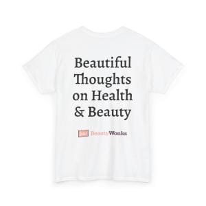 White t-shirt with 'Beautiful Thoughts on Health & Beauty' text