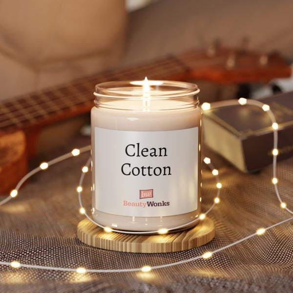 Lit Clean Cotton candle with fairy lights and guitar