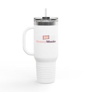 BeautyWonks branded white insulated tumbler with straw