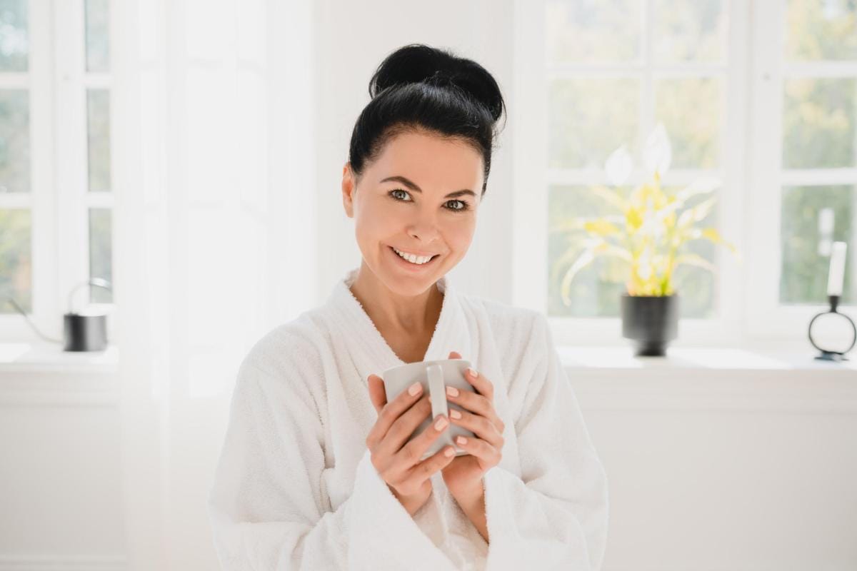 Smiling woman in robe holding mug in sunny room