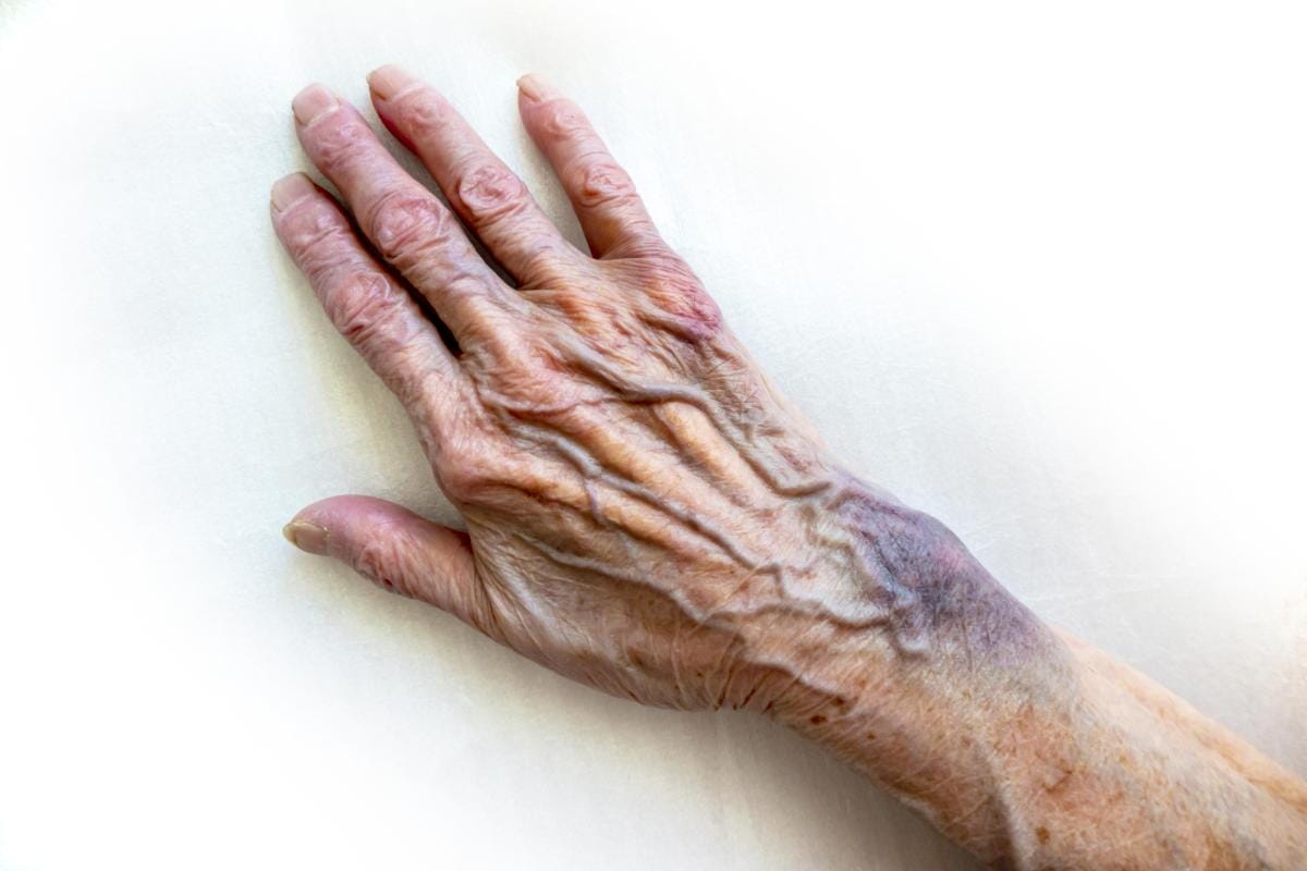 Aged hand with visible veins on light background