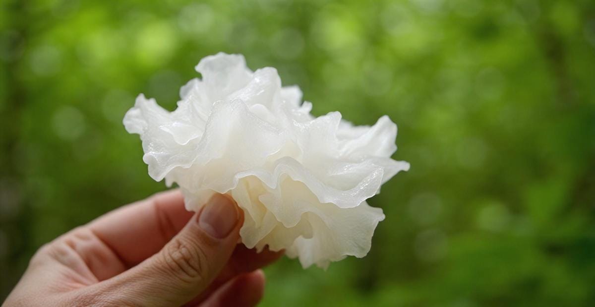 Hand holding translucent white flower against green background