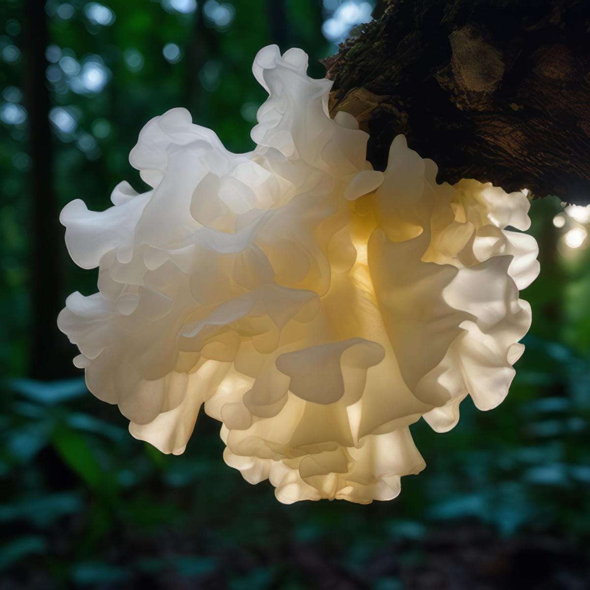 Illuminated white fungus on tree in forest