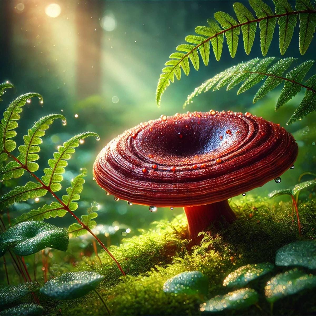 Dewy mushroom surrounded by ferns in sunlit forest