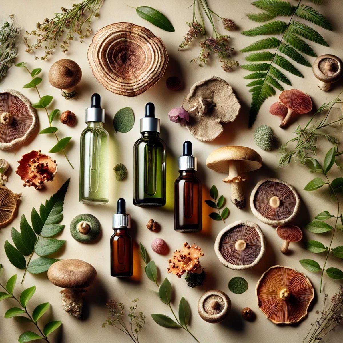 Essential oils with mushrooms and plants flat lay