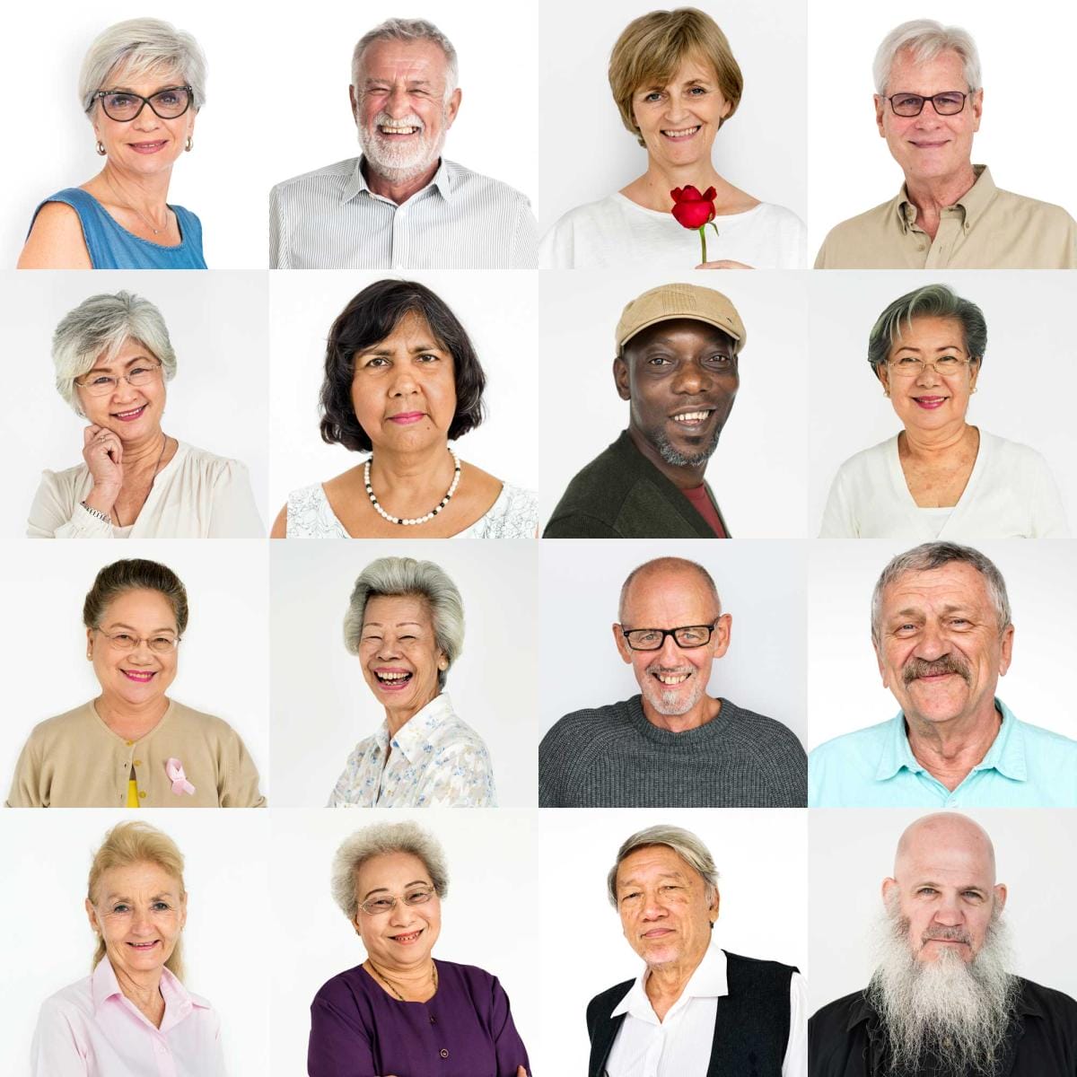 Diverse group of smiling senior adults on white background