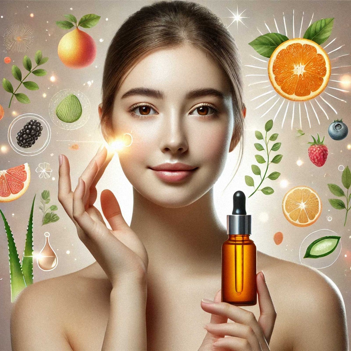 Woman holding serum with floating fruits and plants