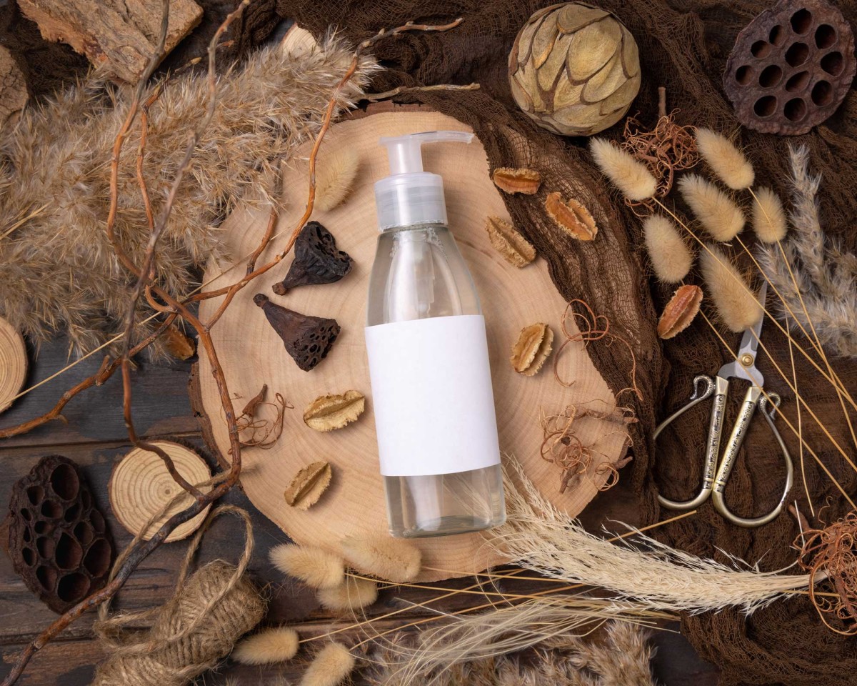 Natural skincare bottle amid rustic botanical decor