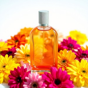 Perfume bottle surrounded by colorful daisies