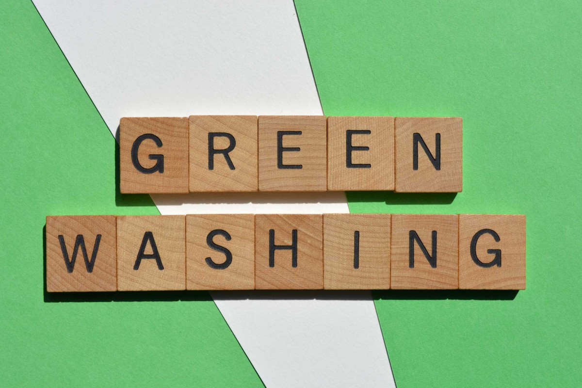 Wooden blocks spelling 'GREEN WASHING' on green background