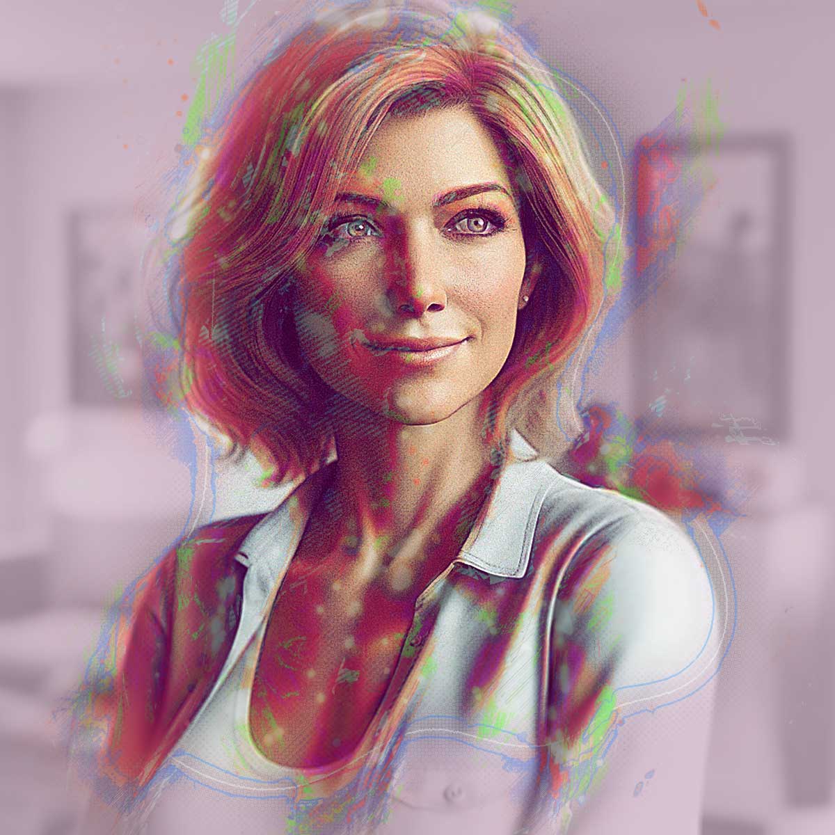 Colorful digital artwork of smiling woman